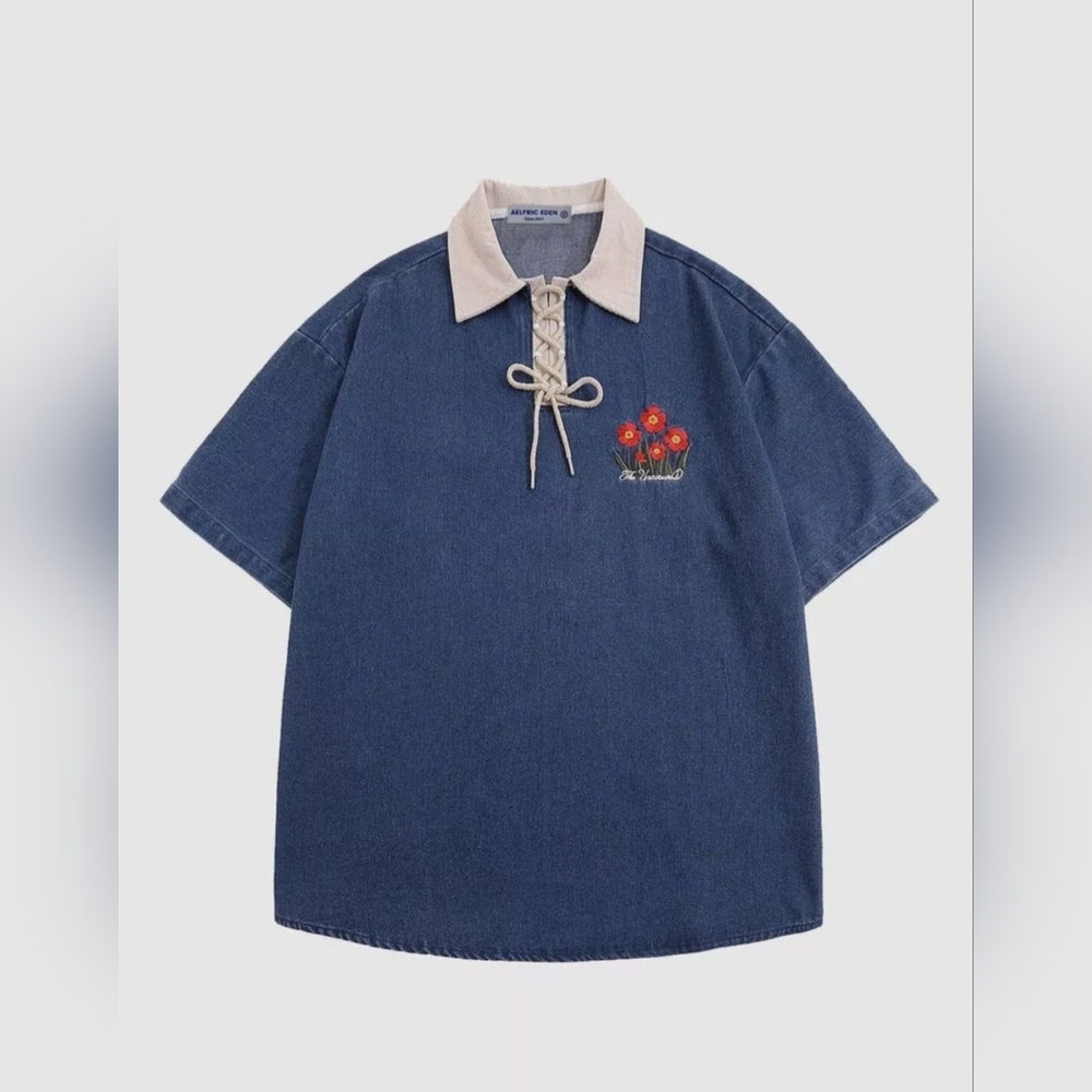NWT Aelfric Eden Denim Polo Shirt With Flowers Size L